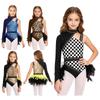 Girls Printed Dance Leotard Mock Neck Sparkly Rhinestones Asymmetrical Sleeve Contrast Feather Decor Bodysuit for Stage Performance