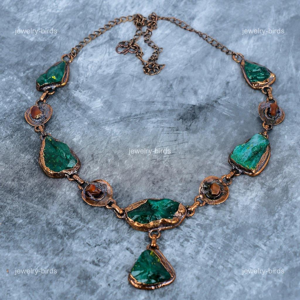 Green Tourmaline Gemstone Copper Electroformed Wife Gift Chain Necklace Jewelry VP-111