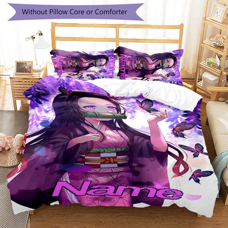 3pcs Custom Name Demon Slayer Nezuko Bedding Set Duvet Cover Closure Includes 1 Duvet Cover & 2 Pillowcases for All Seasons Bedroom Decor