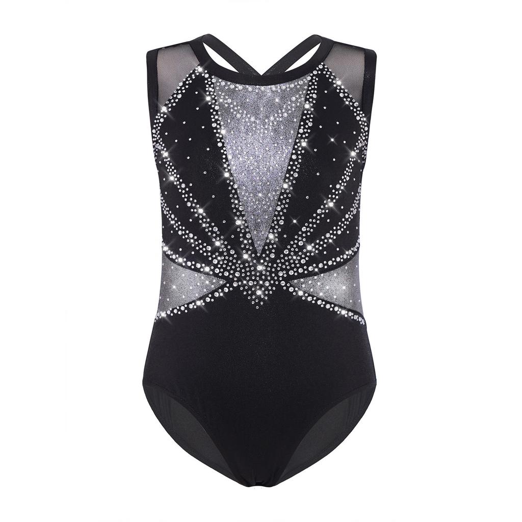 Mädchen Tanz Gymnastik Turnanzug Ärmellos Überkreuzter Rücken Glänzende Strasssteine Farbblock Performance-Kleidung