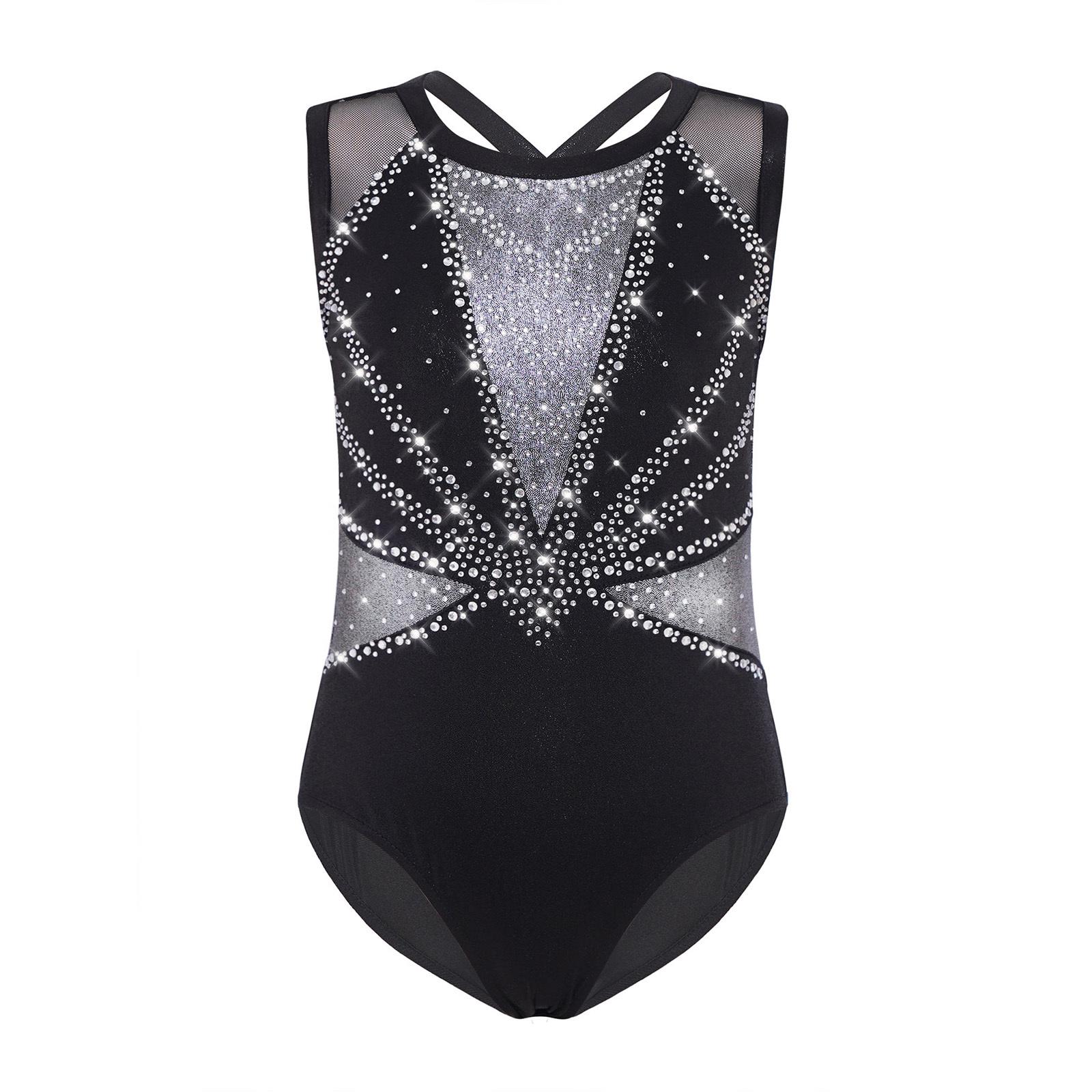 

Дівчачий Кольоровий Блок Металізований Леотар Круглий Виріз Без Рукавів Перехрещена Спина Блискучі Стрази Боді Гімнастика Танці 13-14 Years срібний/чорний