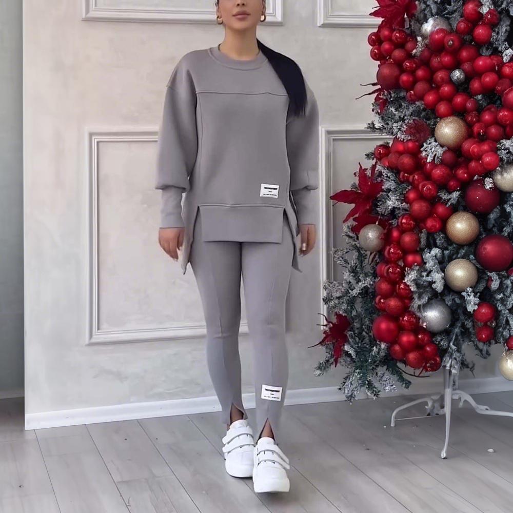 Conjunto Feminino de Duas Peças Moletom Irregular Manga Longa Pulôver Top Calça Conjunto Outono Inverno Senhora Sólido Solto Roupas M L