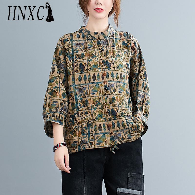HNXC Cotton Linen Women Shirt Vintage Oversized Blouses Floral Print Harajuku Raglan Sleeve Casual Loose Female Button Down Shirts Tops
