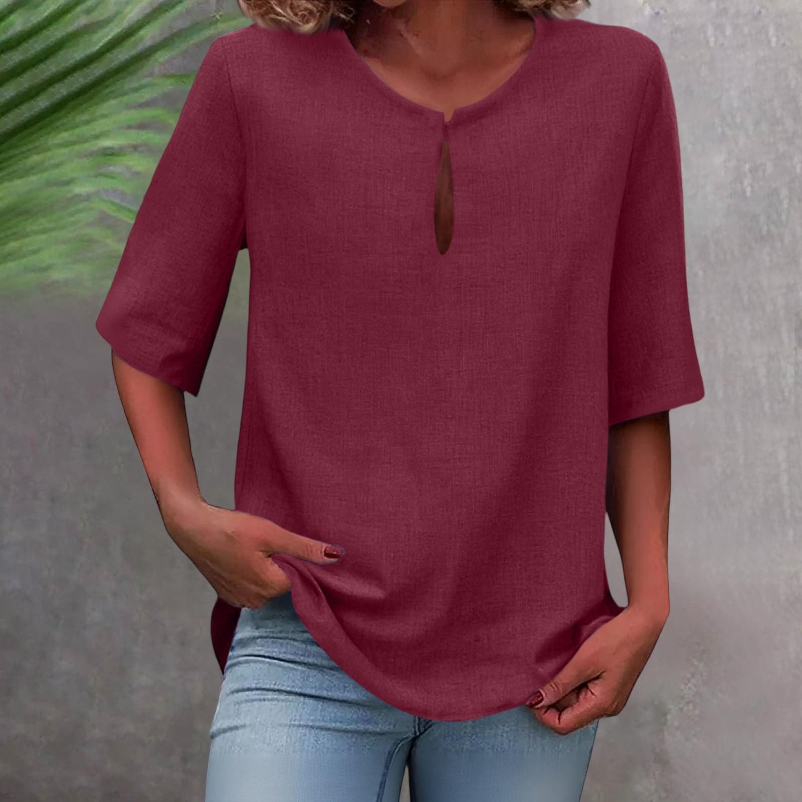 

Женская однотонная хлопково-льняная рубашка большого размера с v-образным вырезом и средним рукавом XXL винный
