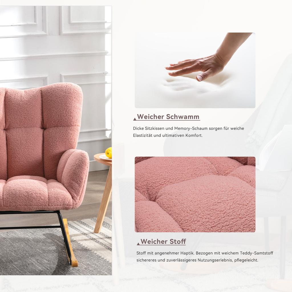 009 Mid Century Modern Rocking Chair made of Teddy Fabric with Tufted Cover, Padded Seat for Living Room and Bedroom, Pink
