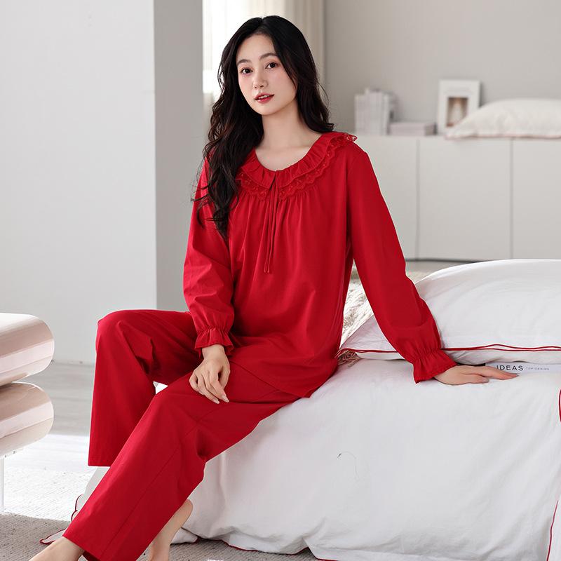 Pajamas With Chest Pads Women'S Pure Cotton Long-Sleeved Loungewear Princess Style Red Wedding Suit