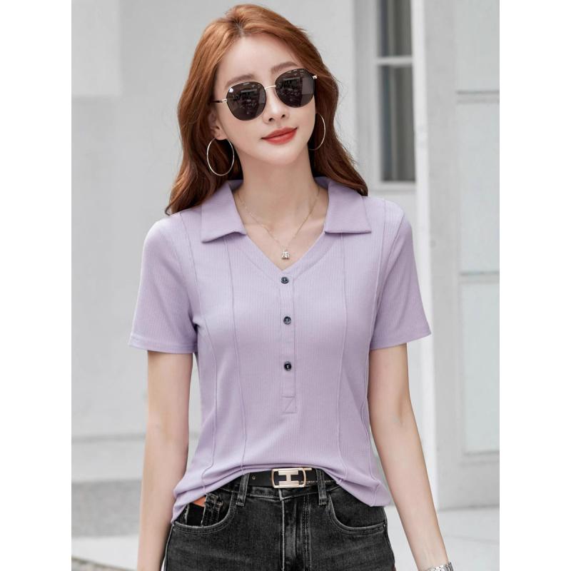 Summer Turn-Down Collar Short Sleeve Middle-Aged and Elderly Mom's Fashionable Slim-Fit Solid Color Plus Size Thin Shirt Top Women's T-Shirt