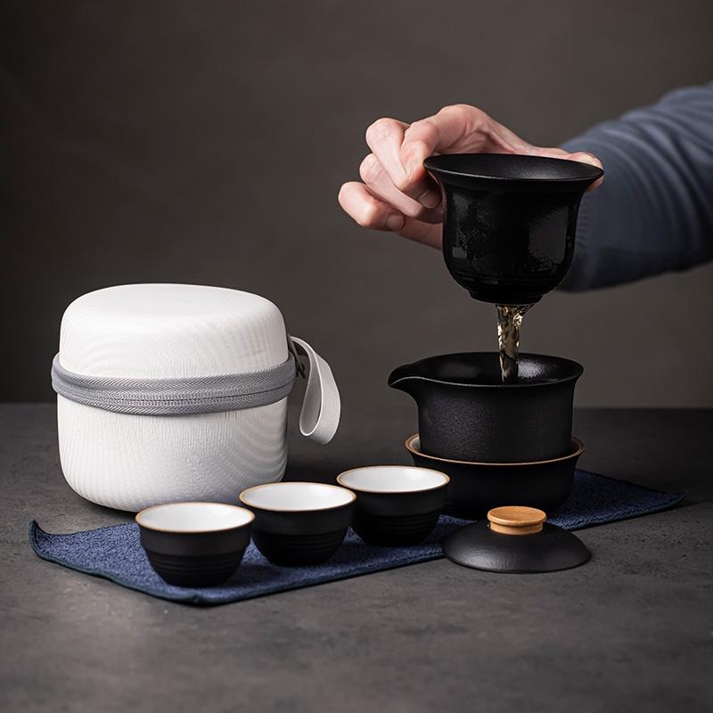 200ml Portable Storage Bag Ceramic Lid Bowl Quick Tea Cup One Pot Three Cups Tea Set
