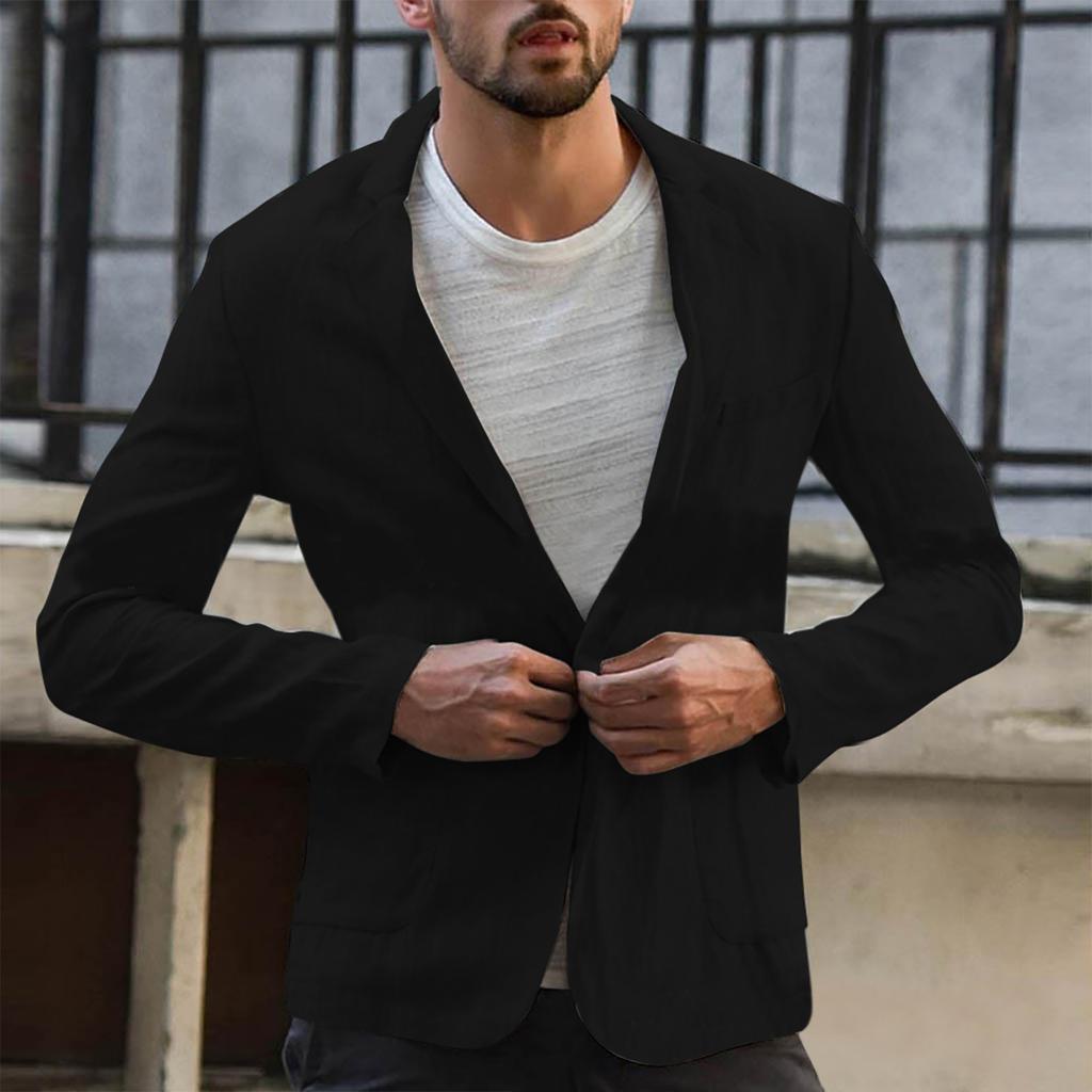 Men's Slim Fit Linen Blend Pocket Solid Long Sleeve Suit  Jacket Outwear