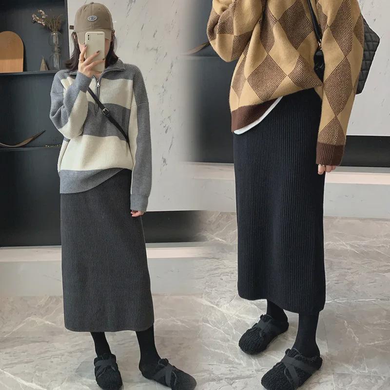 "Maternity Knit Wool Skirt - Autumn/Winter Trend, Mid-Length with Back Slit"