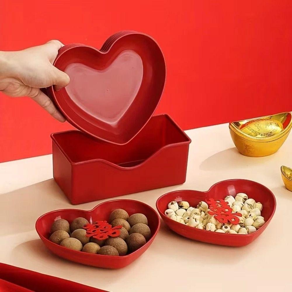 5/10Pcs Creative Love Heart-Shaped Serving Plate Small Red Snack Candy Tray Plastic with Holder Base Dinner Plate Set