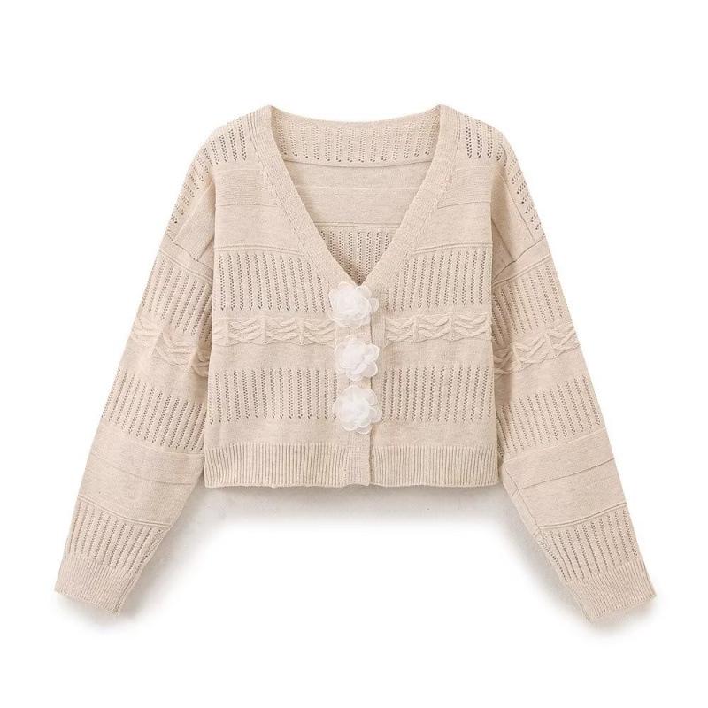 

Осенний Новый Кардиган Вязаный с Цветочным Принтом на Пуговицах с V-образным Вырезом - Европейская и Американская Уличная Мода Женская Одежда Large хаки