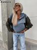 Autumn New Style Loose Casual Wash Denim Patchwork Hoodie for Women