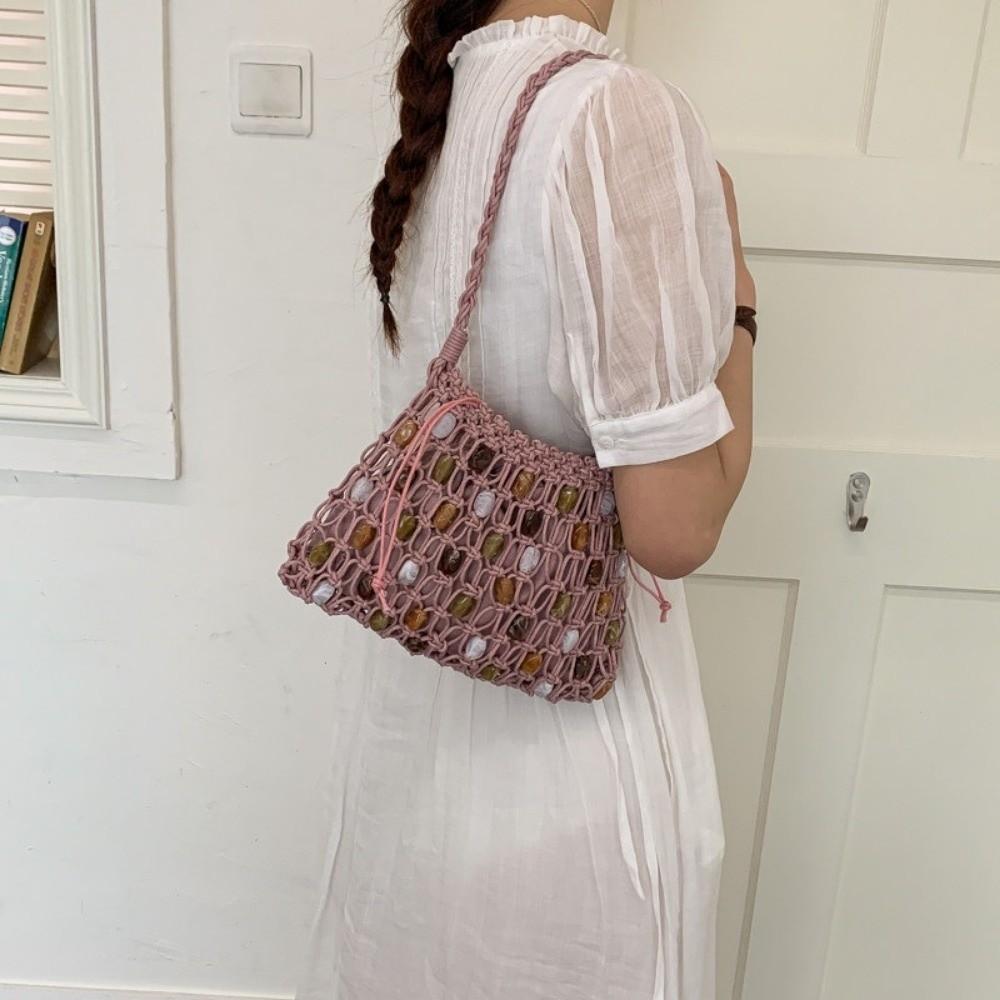 

New Hollow Woven Bead Shoulder Bag Bohemian Summer Beaded Woven Bag Large Capacity Colorful Crochet Mesh Bag Shopping рожевий