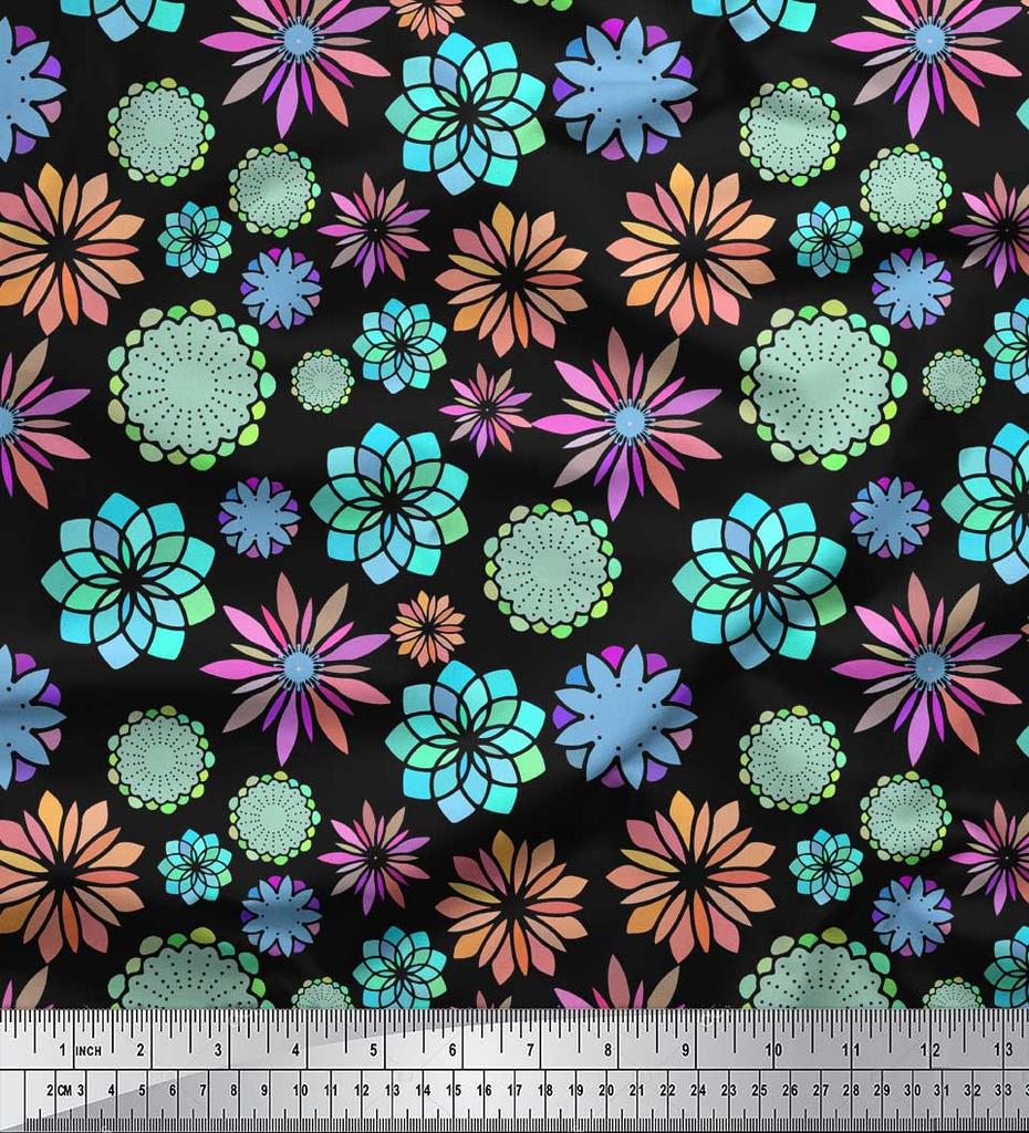 Soimoi Black Japan Crepe Satin Fabric Multicolor Mandala Printed Craft Fabric by the metre 42 Inch