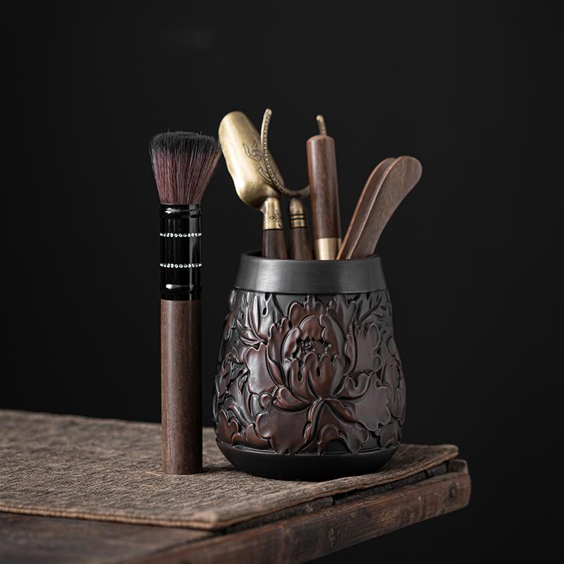 High-end Purple Pottery Tea Ceremony Six Gentlemen  Hand Carving Pottery Blackwood Solid  Kung Fu Tea Set Accessorie