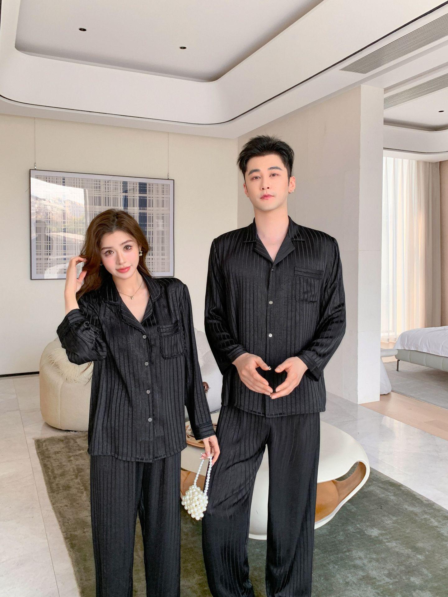 Ice Silk Couple Pajamas - Women s High-End Spring/Autumn Long Sleeve Luxury Home & Outdoor Wear Set (2026) Men s XXL
