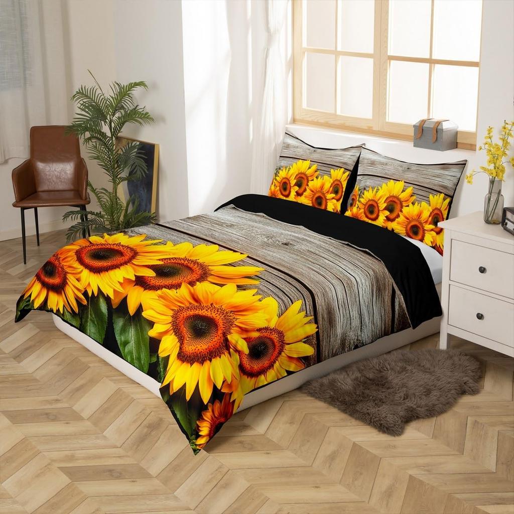Feelyou Sunflower Duvet Cover Botanical Floral Printed Bedding Set for Kids Women Adults Yellow Blossom Flowers Comforter Cover Wooden Scene