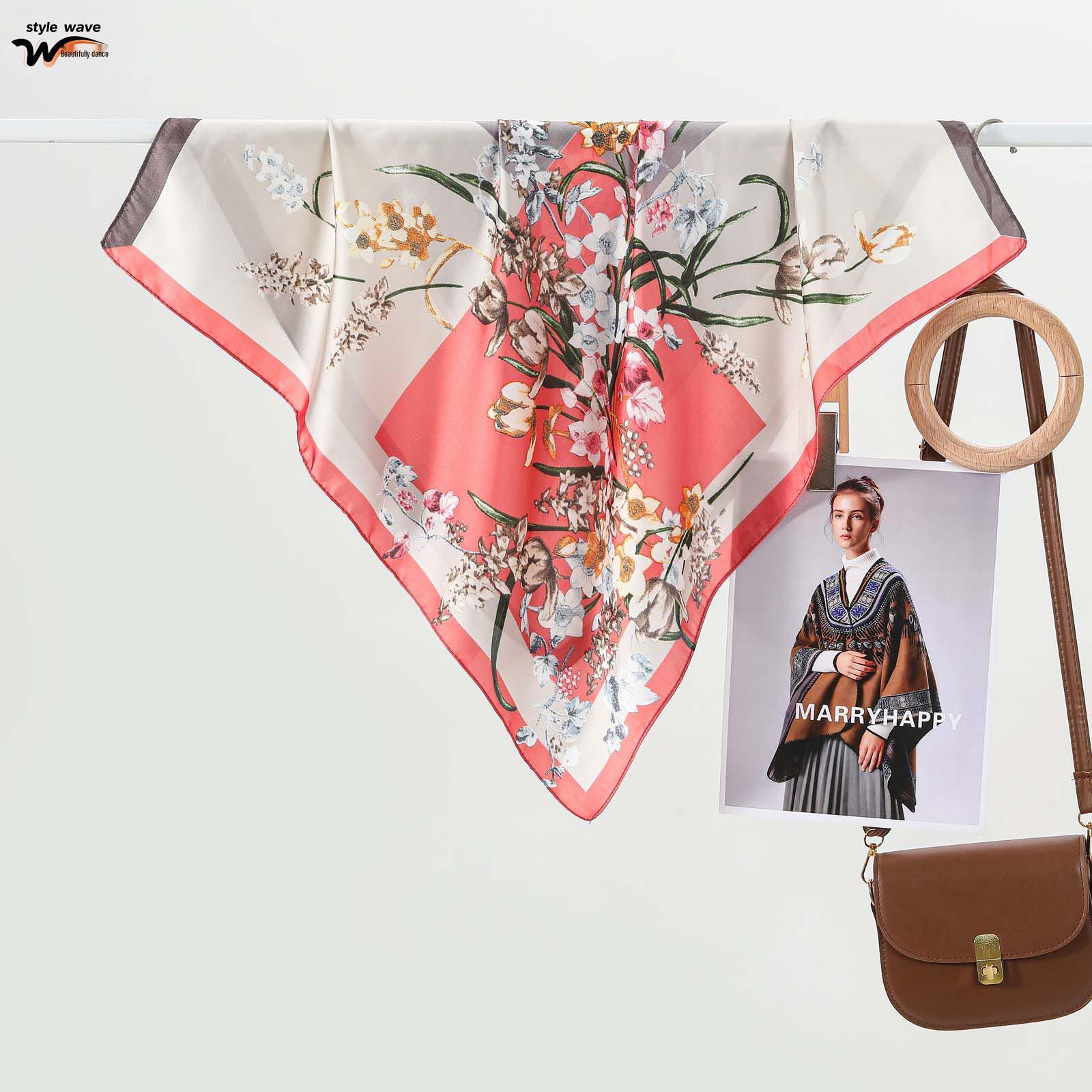Versatile French Silk-Print Square Scarf: Multi-Functional Spring/Summer Hair or Waist Accessory 70*70CM