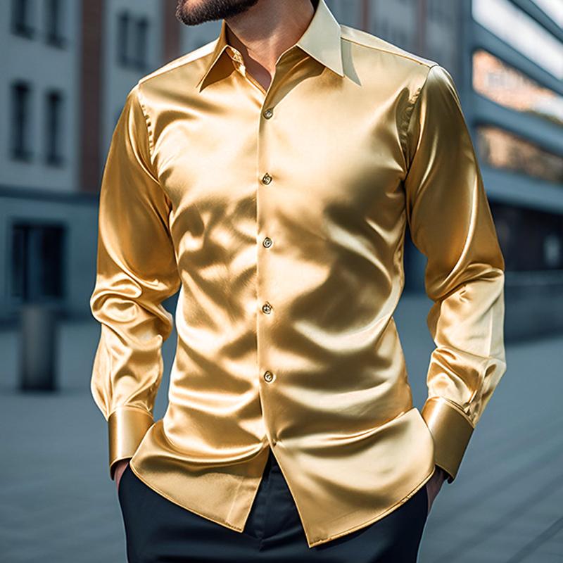 Men's Shirts Solid Long Sleeve Satin Silk Wrinkle-Free Formal Wedding Casual Party Button Down Shirt USA S-XXL