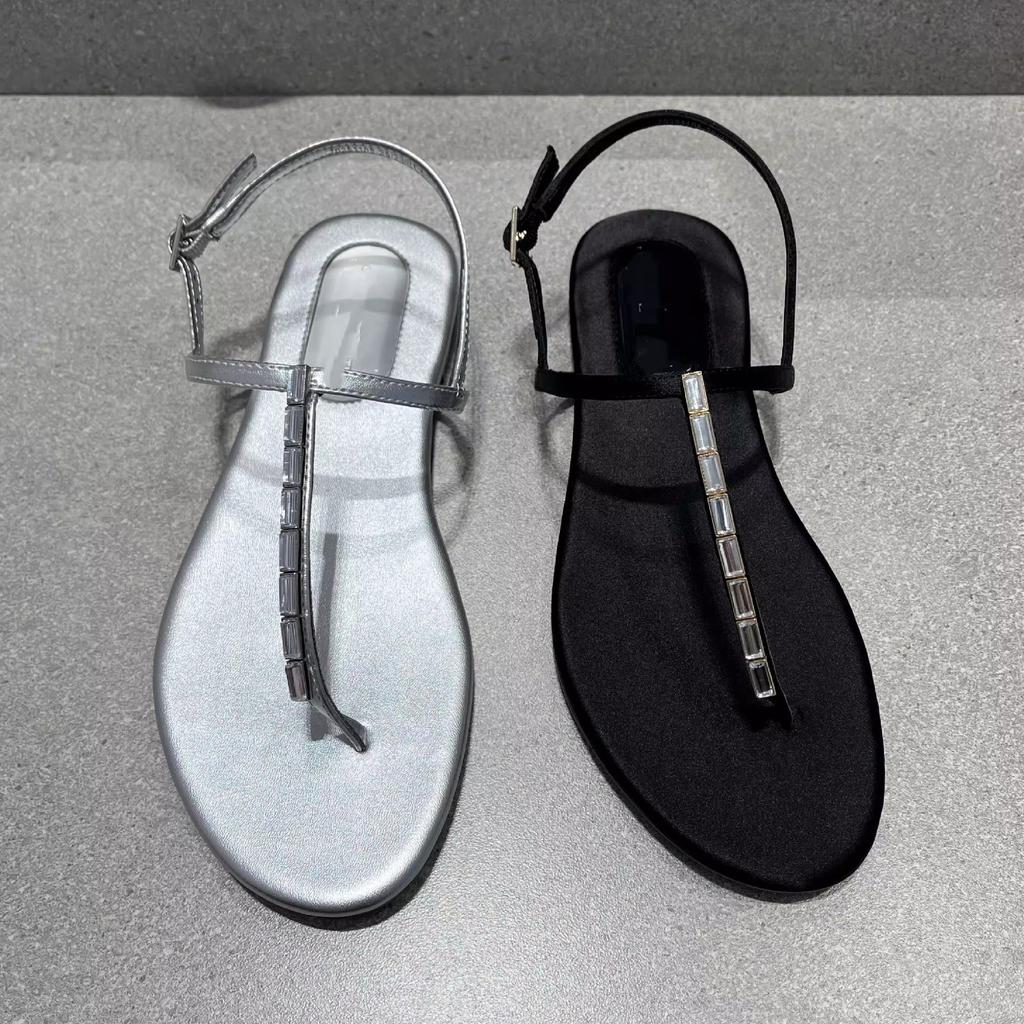 Fashion new designer T-strap gladiator sandals women flat heel crystal narrow band sandalias mujer silver thong sandals big size 43