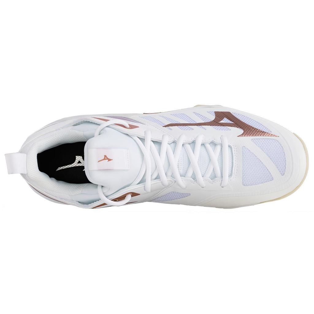 Mizuno Wellenform-Stoff Synthetikleder Dämpfung Leicht Atmungsaktiv Niedrig geschnittene Volleyballschuhe Damen Sneaker Weiß Roségold V1GC224036