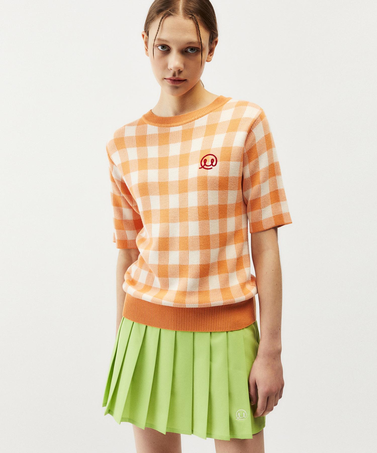 Mayol Check Short Sleeve Crew Neck Knit_Orange Note/One Size