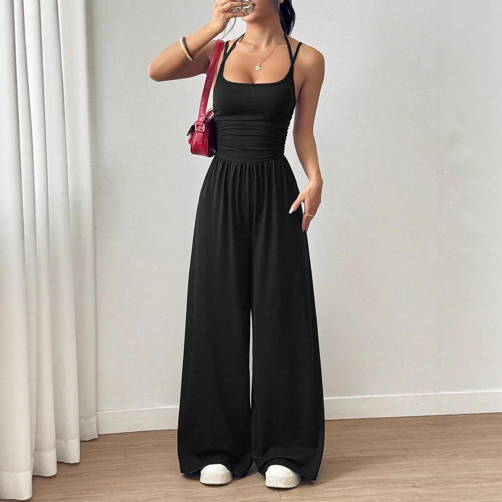 Women's European & American Casual Summer Spaghetti Strap Bandeau Jumpsuit - Solid Color, Wide Leg, Loose Fit
