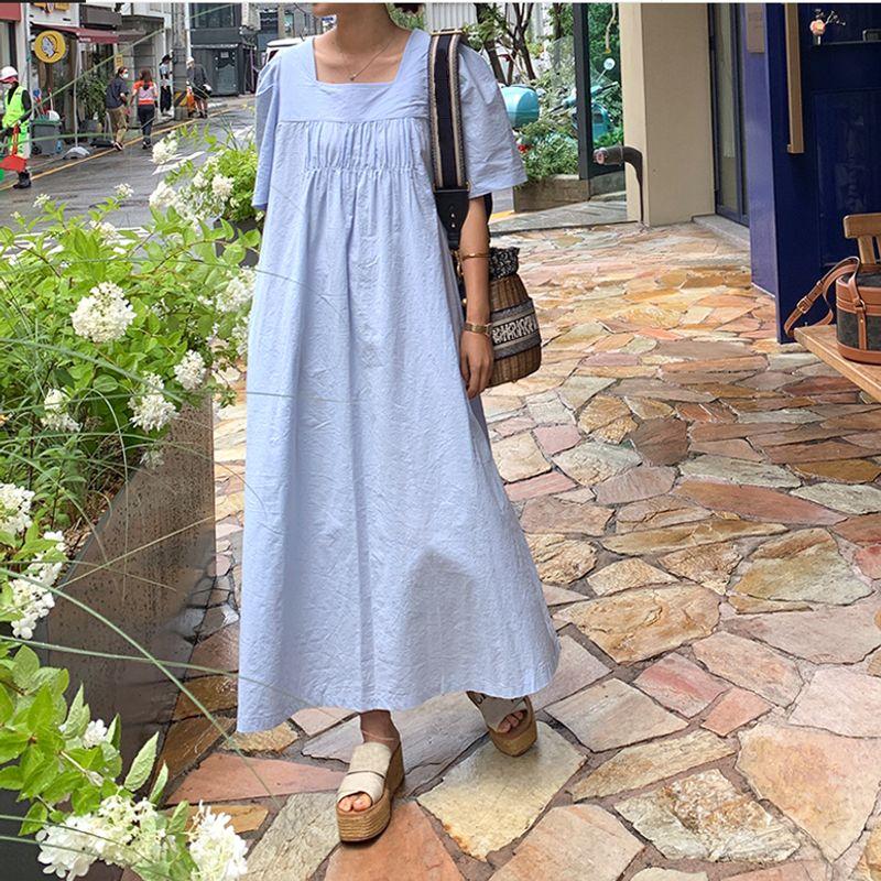 

Plus Size Hong Kong Style Elegant Blue Square Collar Loose Pockets Minimalist Casual Short Sleeve Mid Length Long Length Dress Women Dress Light Blue 5XL