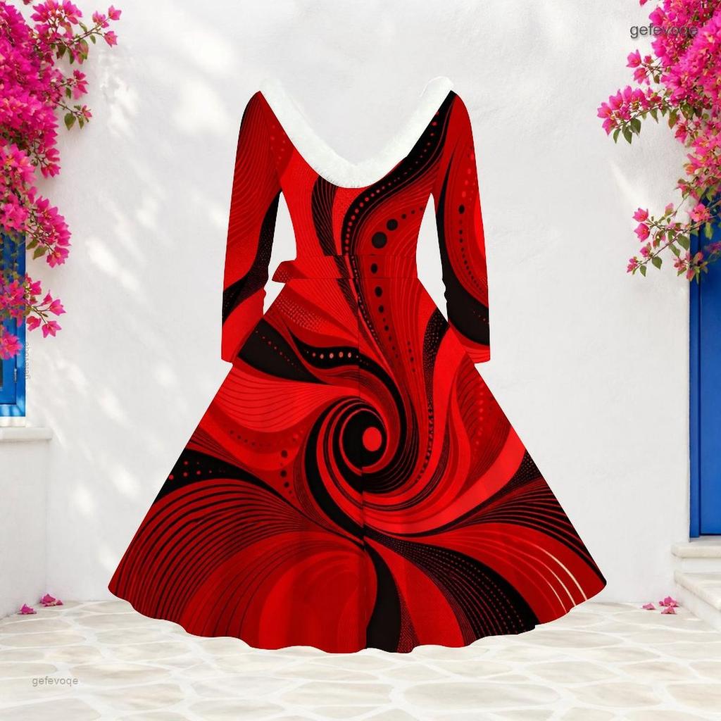 Women Plus Size Faux Fur Trim V Neck Long Sleeve Belted Abstract Print A Line Midi Dress