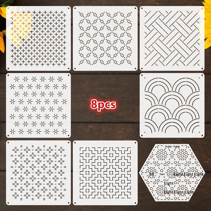 8/9/24/32Pcs Sashiko Embroidery Templates Reusable Pet Sewing Stencils DIY Embroidery Patterns Geometric Line Quilting Template