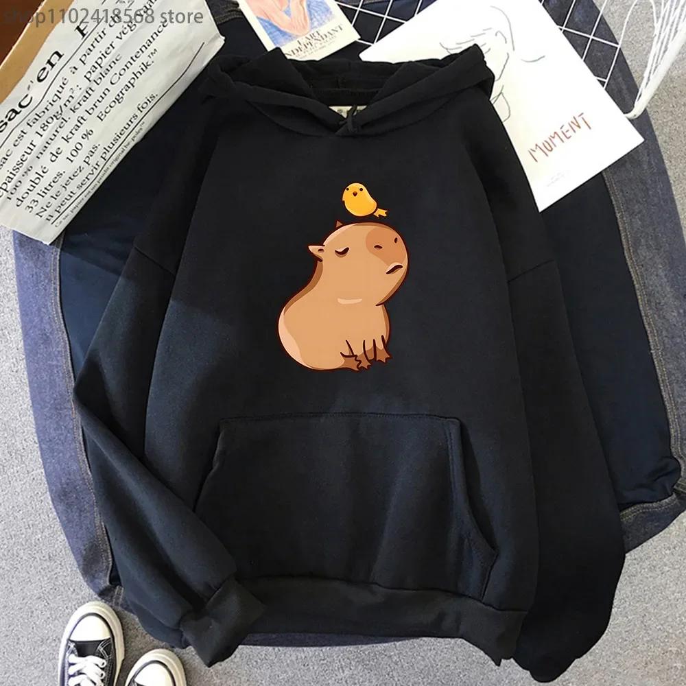 Cartoon Capybara with His Bird Friend Hoodies Women's Kawaii Animal Graphic Sweatshirt Men Tops Clothes