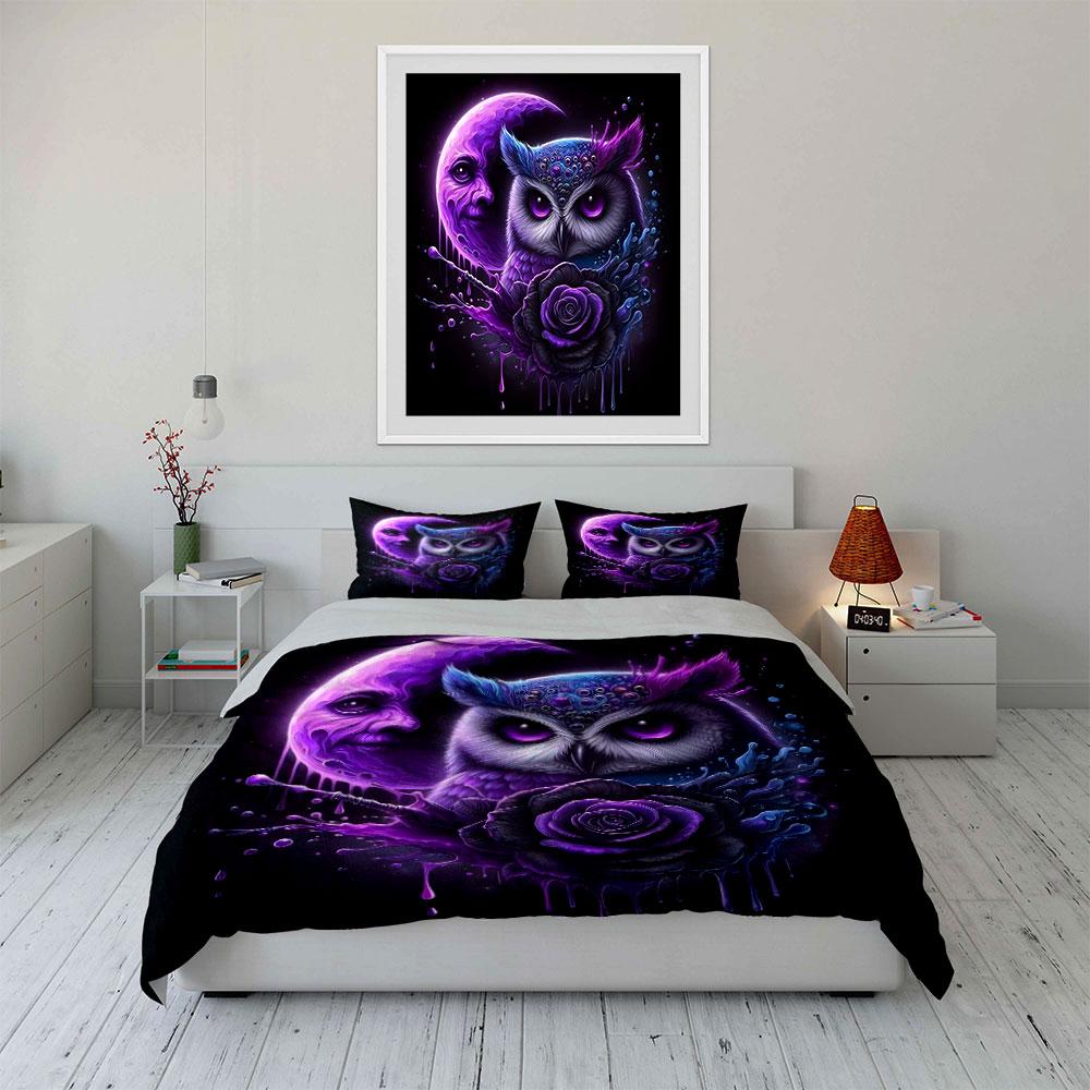 Mystical Owl and Moon Art Bedding Duvet Cover Set (1*Duvet Cover 2*Pillowcases, Without Duvet Insert)