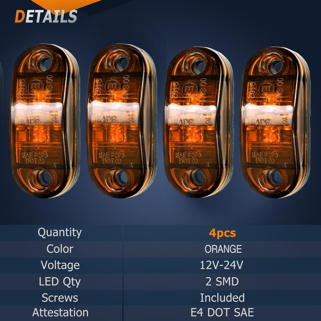 Bernsteinfarbene LED-Seitenmarkierungsleuchte, wasserdichte LKW-Außenanzeige, 4 Stück, für Bootsanhänger, Wohnmobil, Wohnmobil, Umrissleuchte, Zubehör