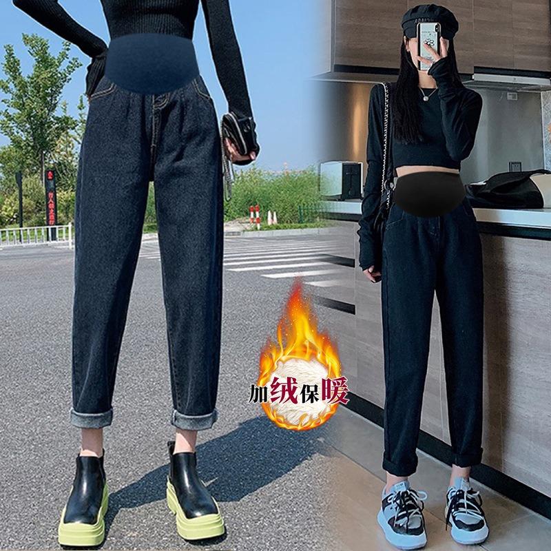 8 Pregnant women's thickened elastic lamb wool jeans, winter dad pants, warm outer wear, casual belly support pants
