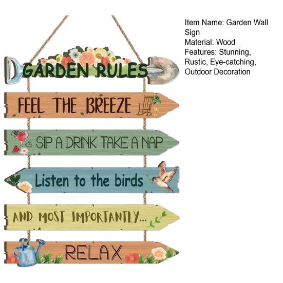 Garden Rules Hanging Sign, Spring Wooden Welcome Door Sign for Front Door, Rustic Farmhouse Wall Plaque for Porch Yard Gardening Shed Decoration