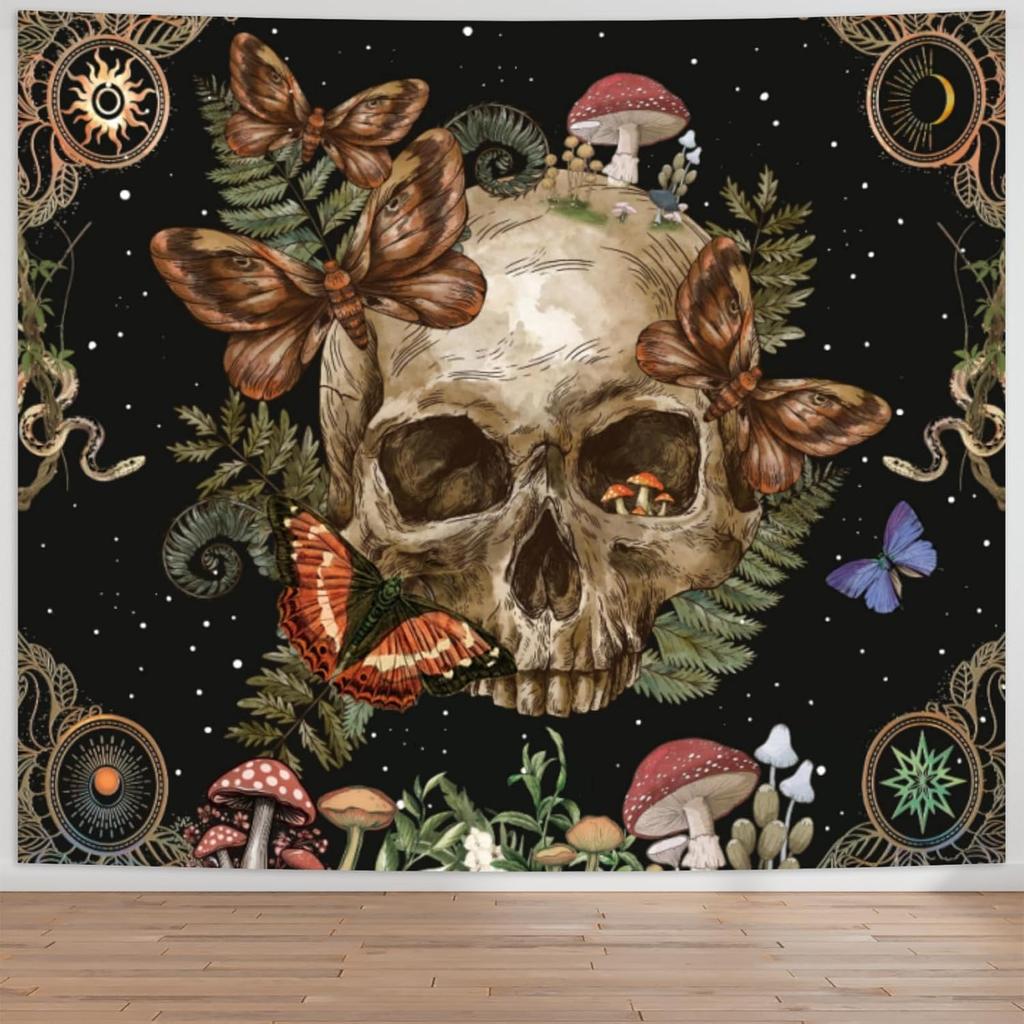 Black and White Gothic Tapestry for Bedroom Aesthetic,Skeleton Goth Witchy Tapestries Wall Hanging, Skull Floral Poster Backdrop