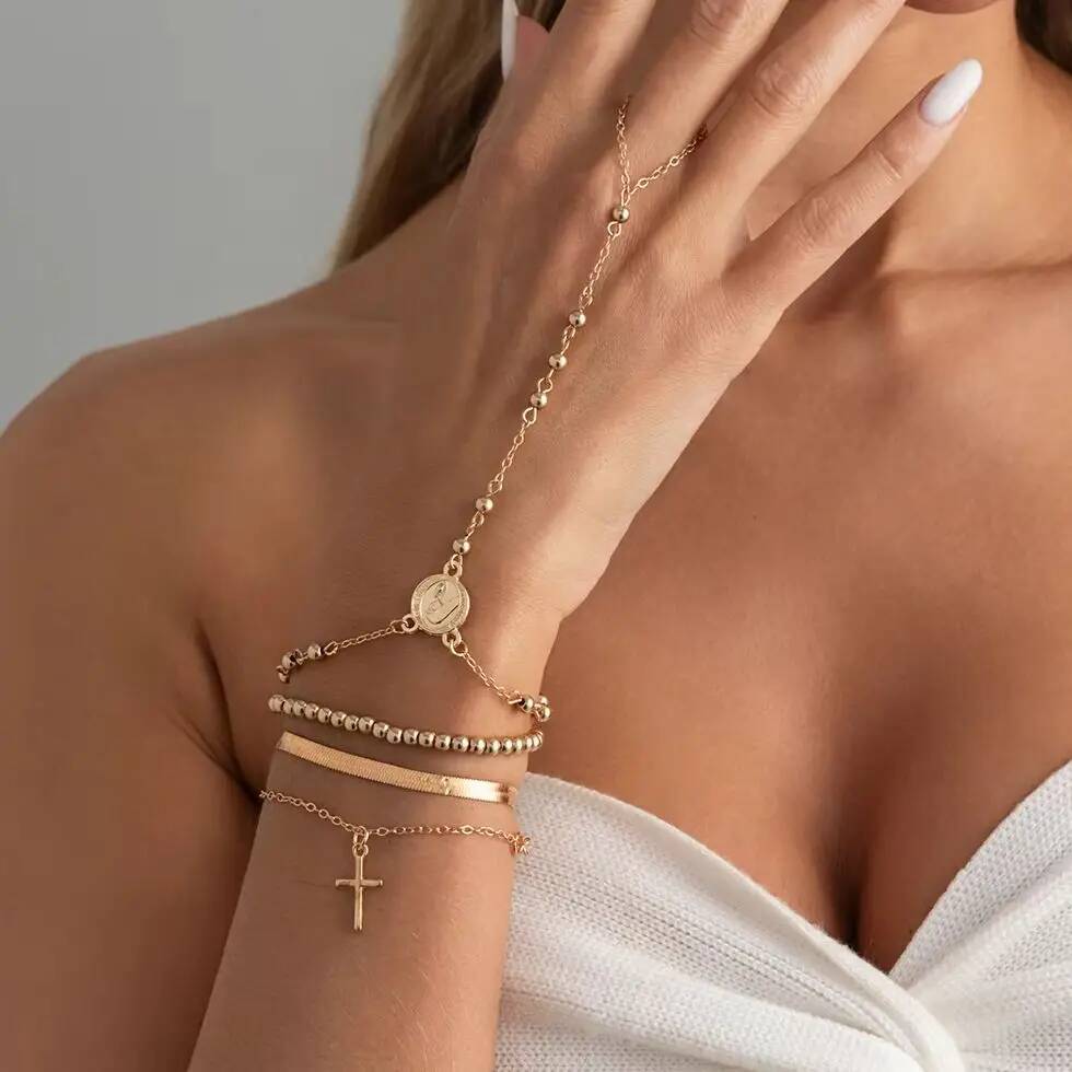 Salircon 4 Pcs/Set Vintage Gold Color Jesus Cross Pendant Bracelet for Women Creative Y-Shape Finger Chain Charm Bangles Jewelry
