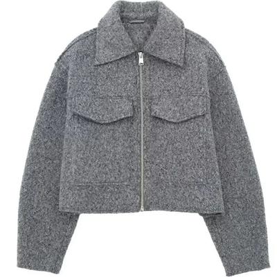 \Women Fashion with Pockets Grey Front Zipper Jackets Vintage Lapel Neck Long Sleeves Female Chic Lady Outfits