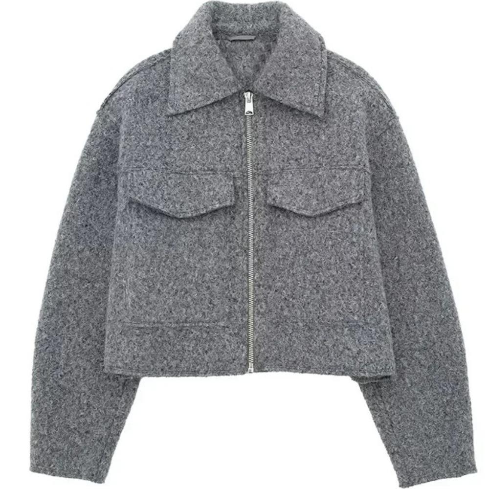 \Women Fashion with Pockets Grey Front Zipper Jackets Vintage Lapel Neck Long Sleeves Female Chic Lady Outfits