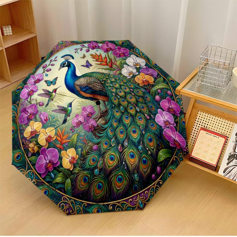 Peacock and Golden Bird Among Flowers Printed umbrella windproof folding umbrella portable sun and rain umbrella suitable for gifting
