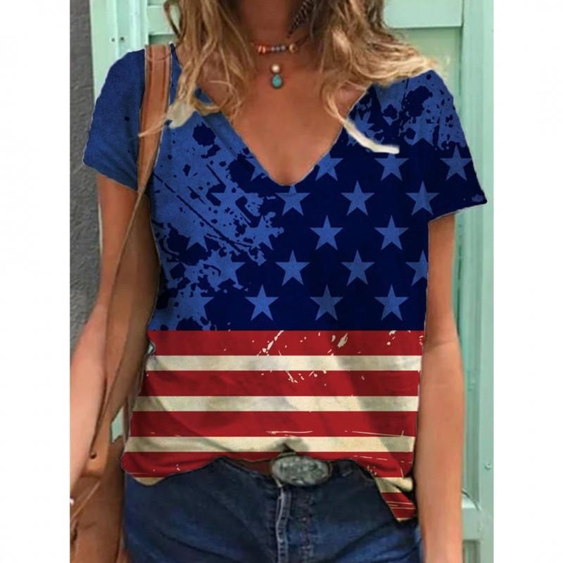 European and American Style Women's Clothing Casual V-neck Short-sleeved T-shirt D Digital Printing Source Wholesale