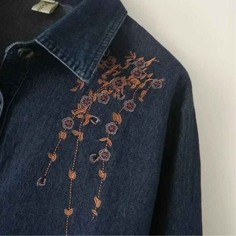 Giacca di Jeans da Donna Primaverile Taglie Forti a Maniche Lunghe Ricamo Temperamento Camicia di Jeans Comoda