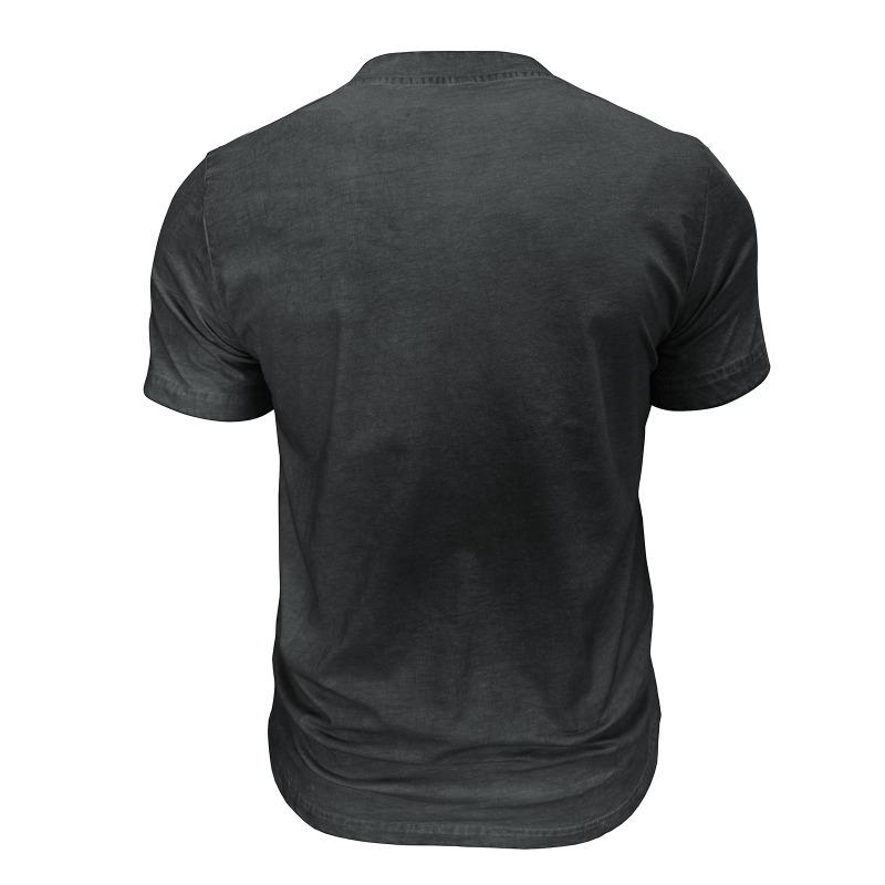 Men Black Washed Henley Neck Short Sleeve Chest Pocket Casual T Shirt