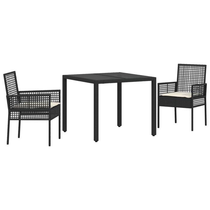 Ensemble de salle à manger de jardin en 3 pièces avec coussins en poly rattan noir 3334855