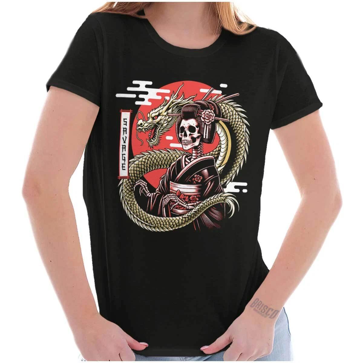 Traditional Skeleton Geisha Savage Dragon Graphic T Shirts for Women T-Shirts XL