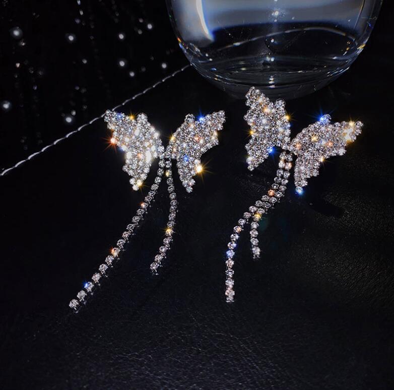 925 Silver Bowknot Tassel Earrings with Diamonds