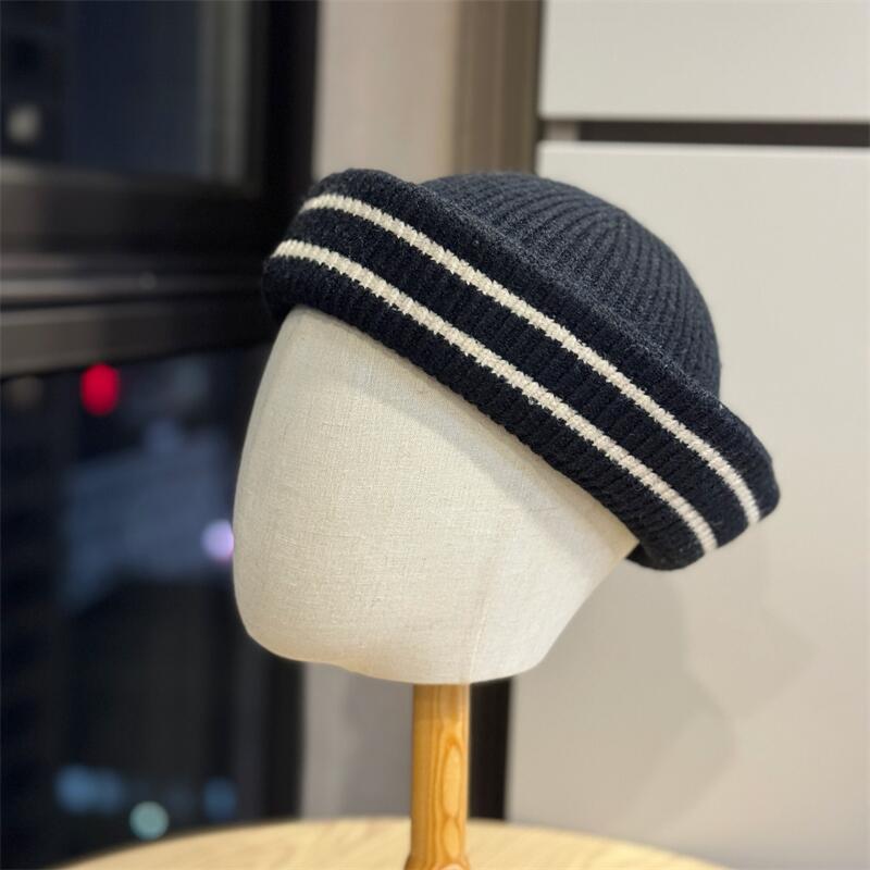 Outdoor design sense 1111 color matching striped handmade knitted sailor hat women's autumn and winter versatile face small wool basin hat