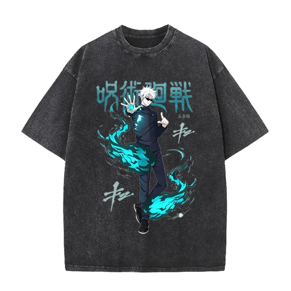 2026 Anime Graphic Washed T Shirt Unisex Oversized Cotton Short Sleeve Tee Harajuku Streetwear Manga Fan Casual Daily Tops