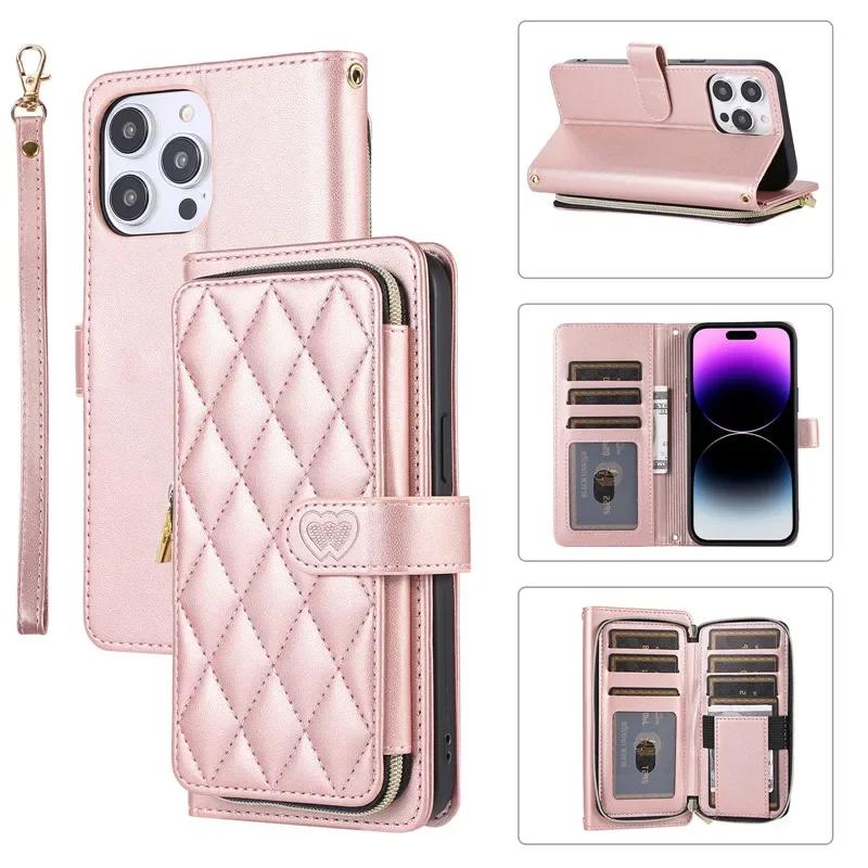 Crossbody Lanyard Zipper Leather Wallet Phone Case for iPhone 17 Air 16E 16 Pro Max 15 14 Plus 13 12 11 X XR XS Wrist Rope Cover